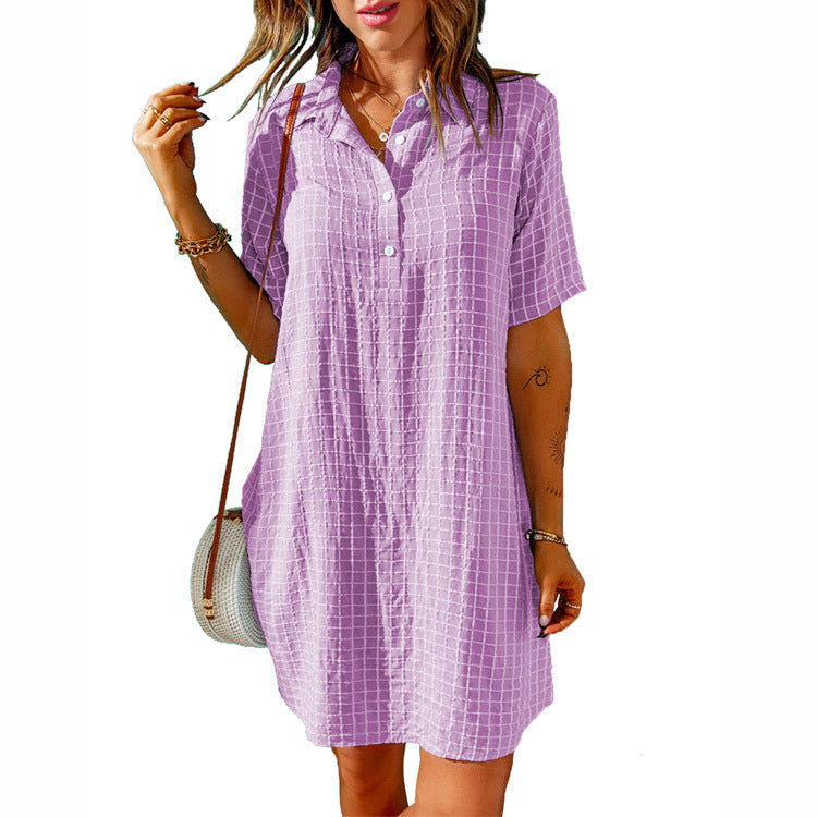 IvyShape | Plaid Collar Button Short Sleeve Dress