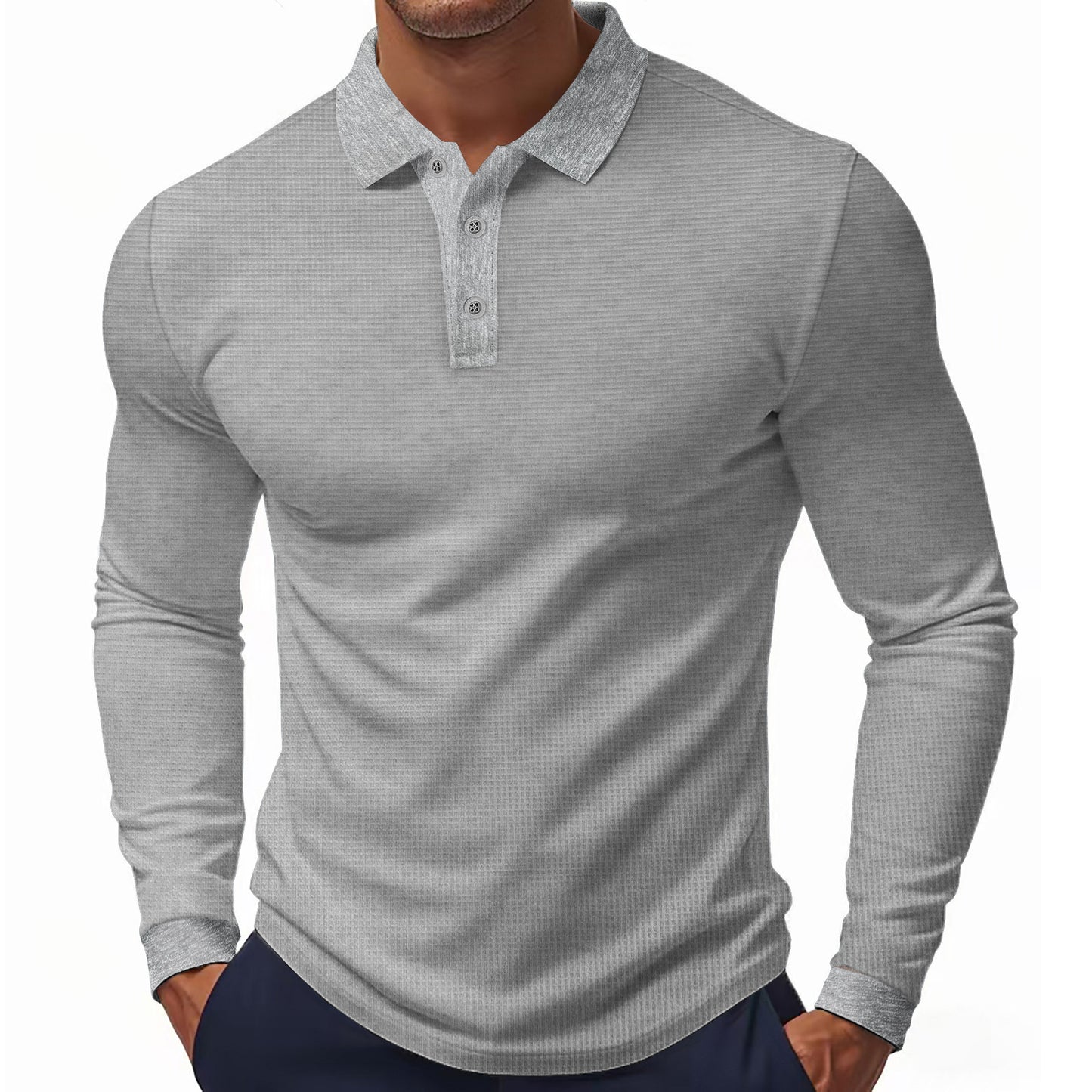 Men's Long Sleeve Polo Shirt with Textured Fabric Ivyshape