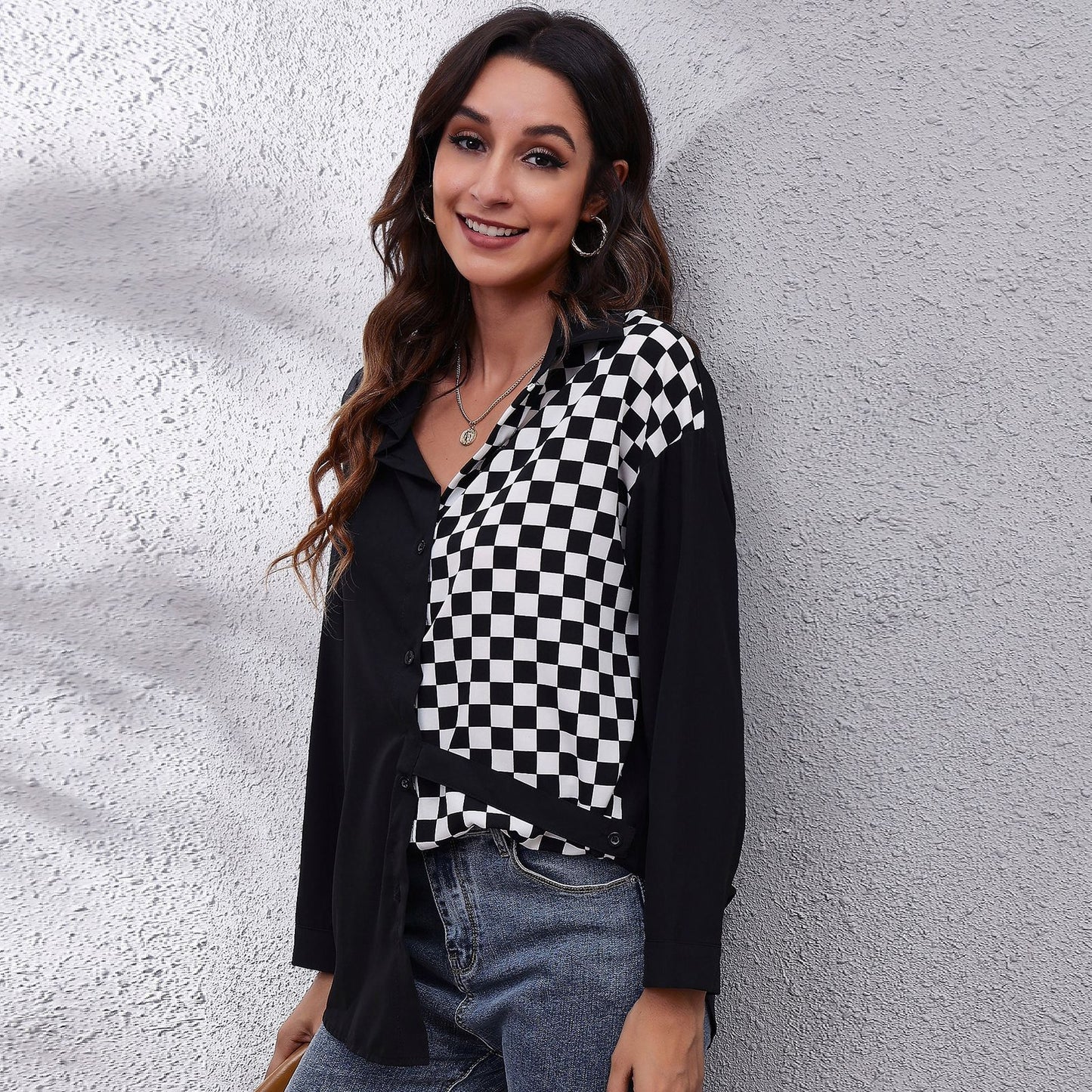 Women's Checked Blouse with Asymmetrical Cut and Fashionable Collar Ivyshape