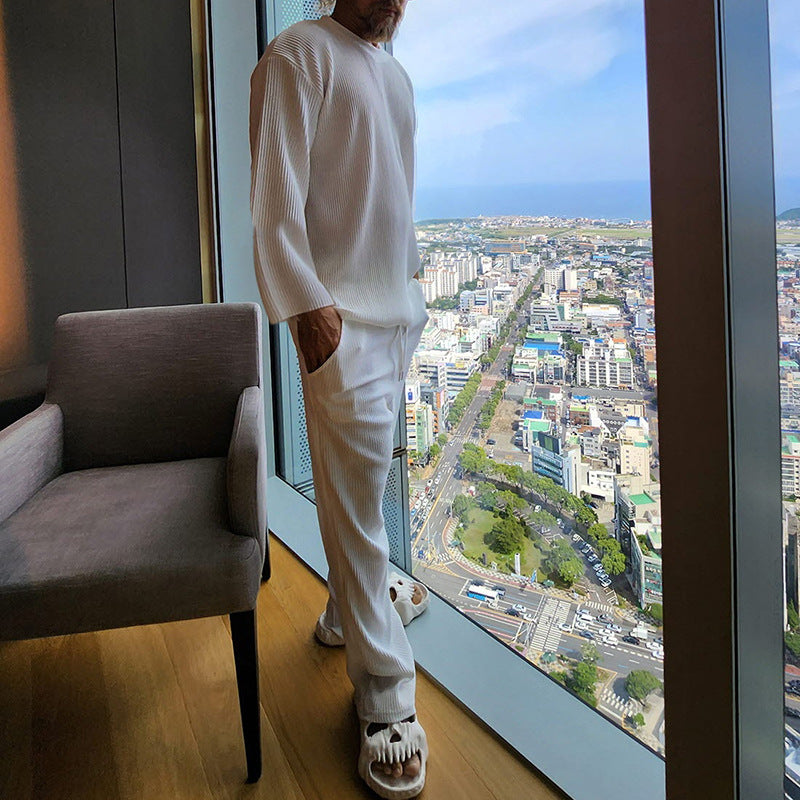 Men's Casual Ribbed Knit Set with 3/4 Sleeves and Comfortable Pants Ivyshape