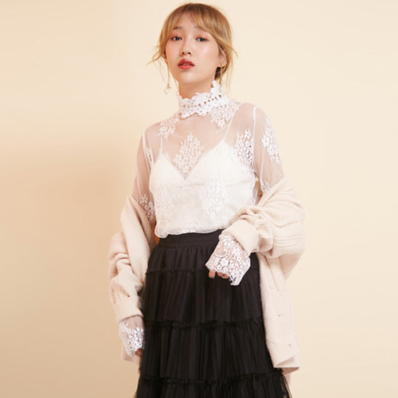 Women Elegant Transparent Blouse with Lace Appliqués Ivyshape