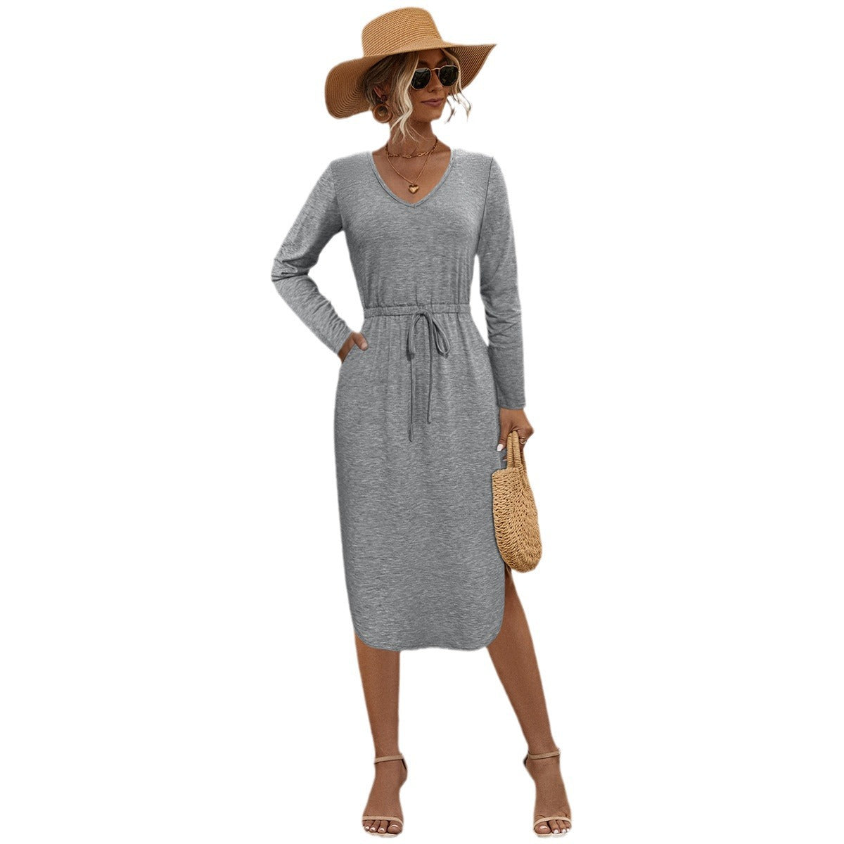 Women casual midi dress with V-neck and adjustable waist drawstring Ivyshape