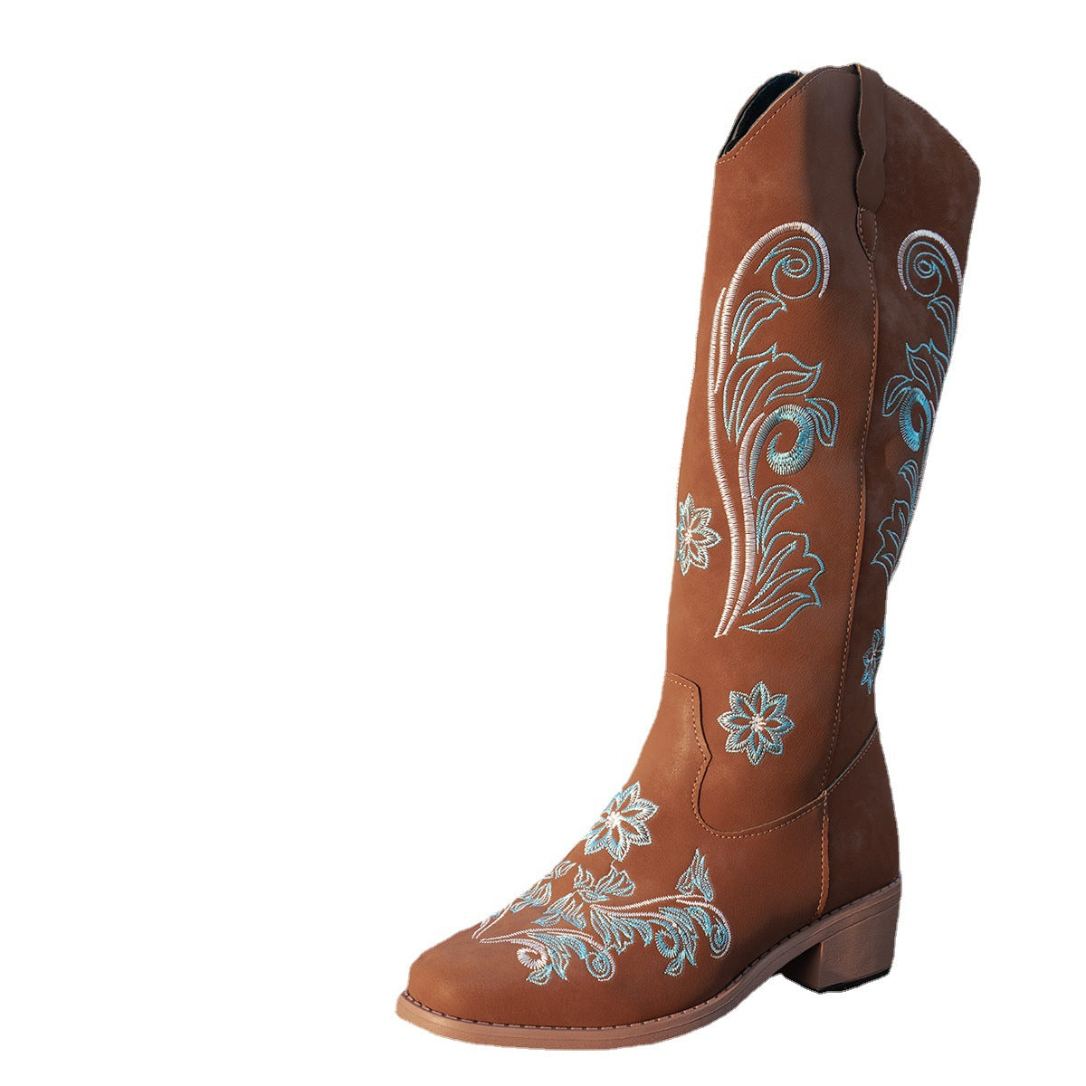 Women's cowboy boots with handmade floral details and comfortable block heel Ivyshape