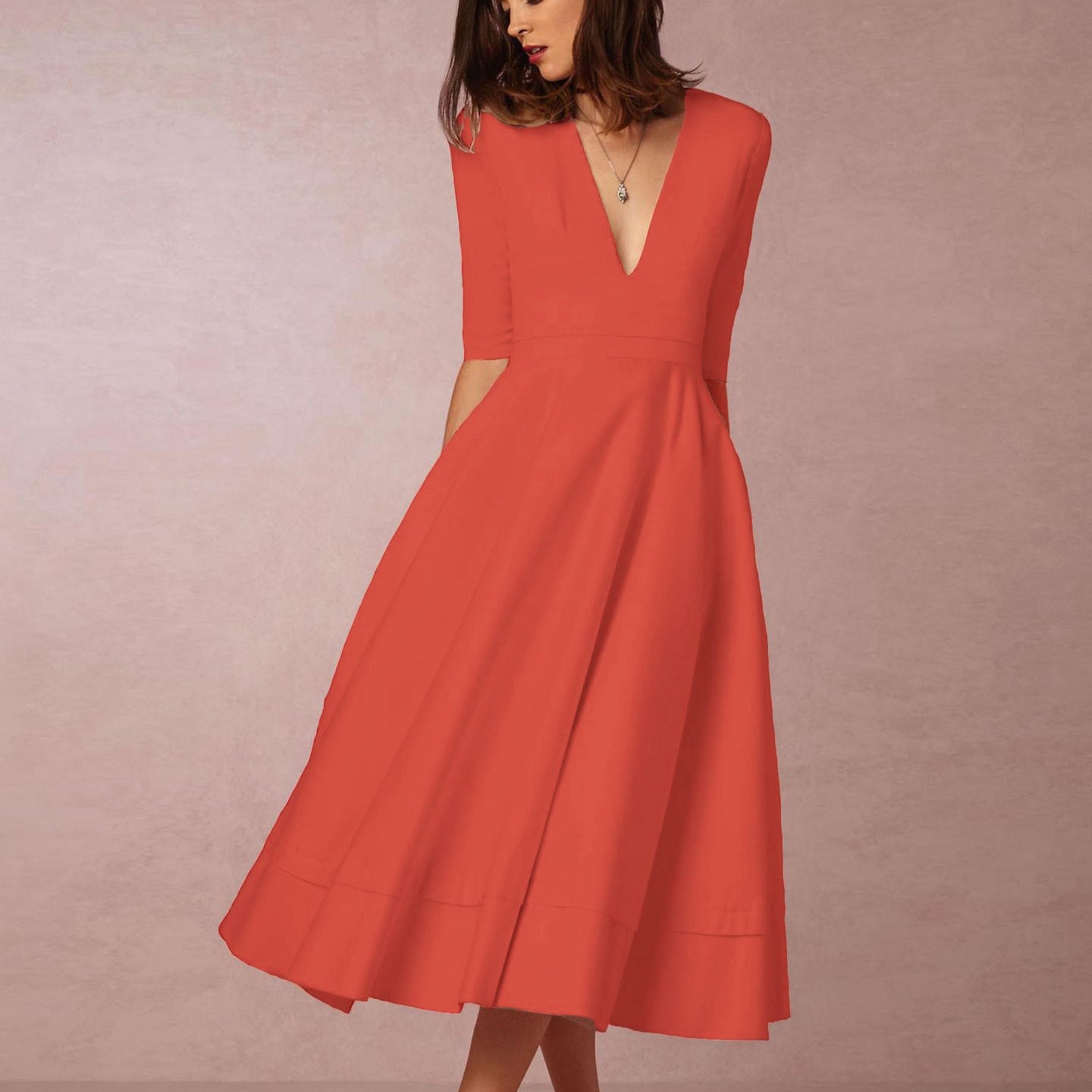 Women Elegant V-Neck Midi Dress Ivyshape