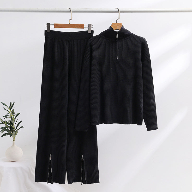 IvyShape | Stand Collar Loose Knit Sweater and Split Pantsuit Set