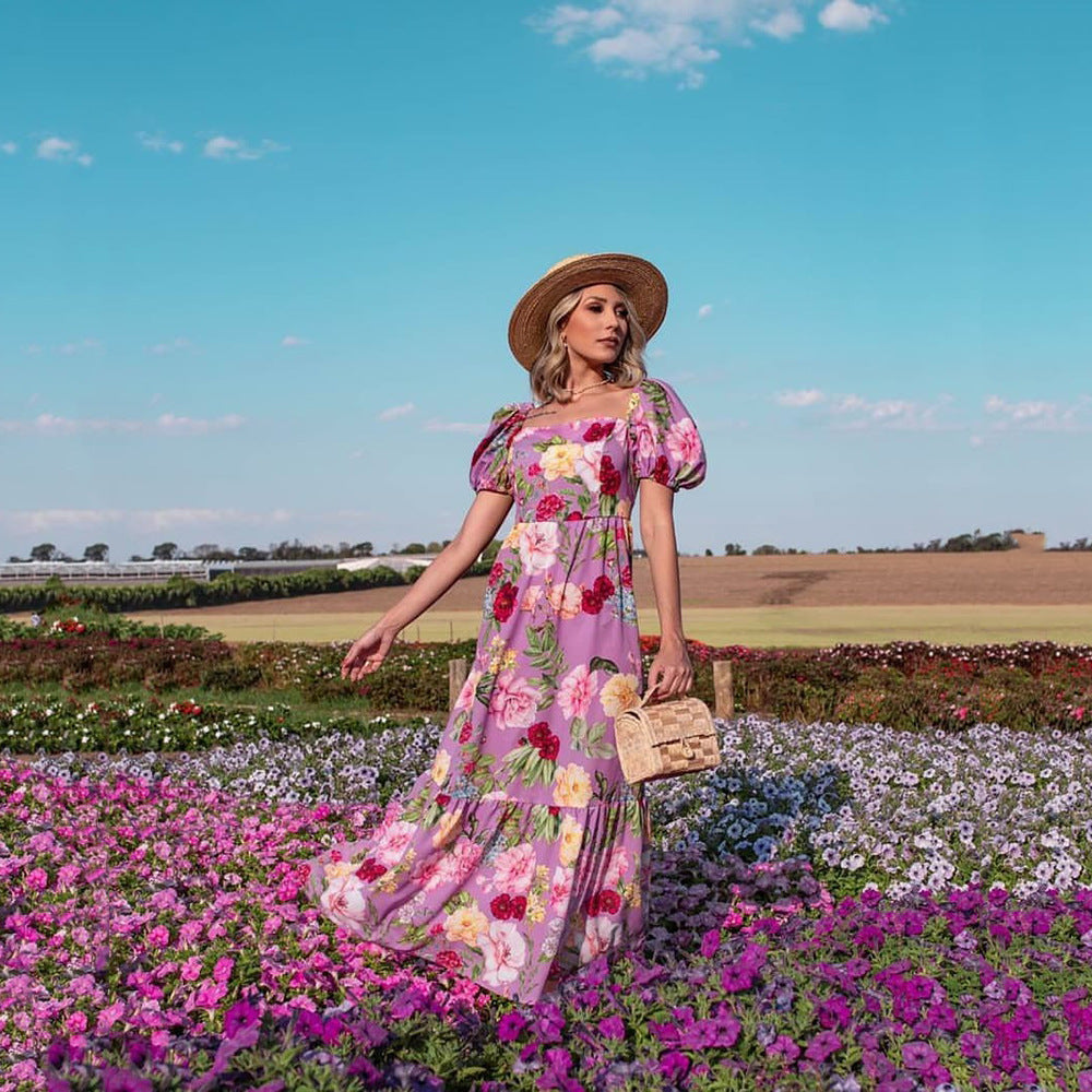 Women’s Floral Maxi Dress with Puff Sleeves and Shimmering Accents Ivyshape