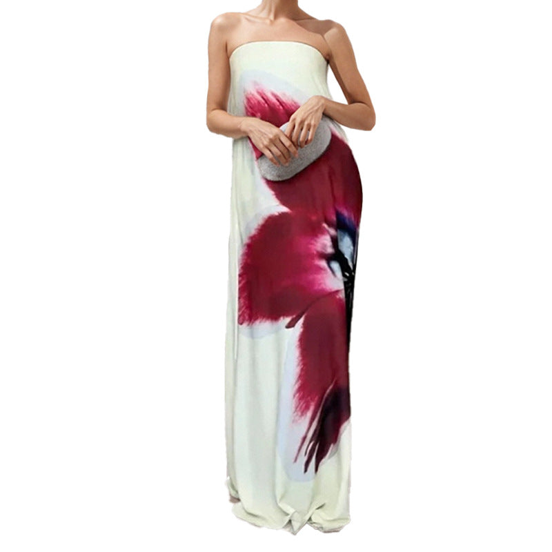 IvyShape | Elegant Strapless Printed Maxi Dress with Flared Skirt