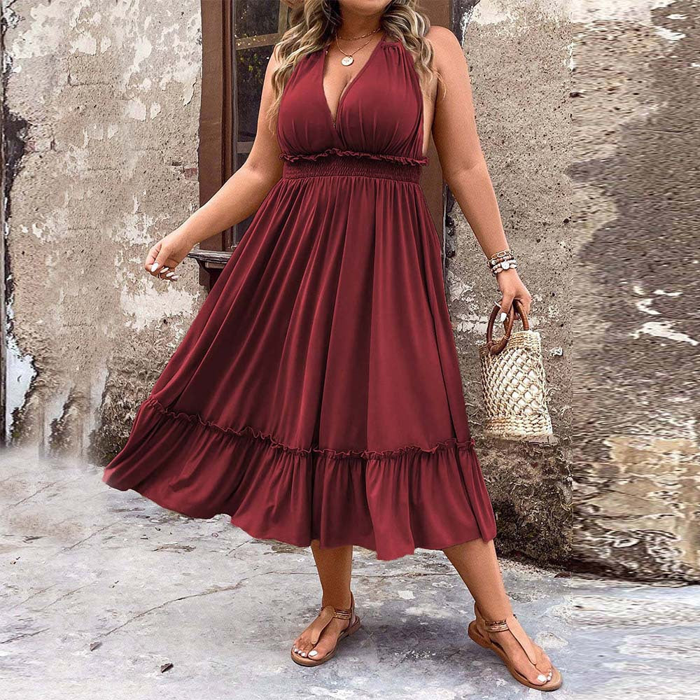 Women’s Midi Dress with Flared Hem and Adjustable Spaghetti Straps Ivyshape