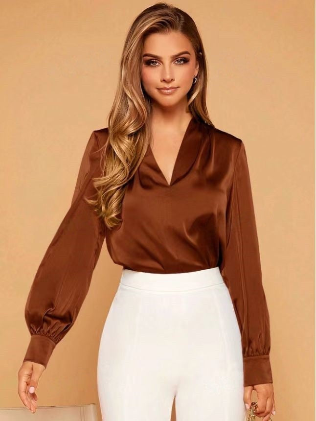 IvyShape | V-Neck Long Sleeve Satin Blouse