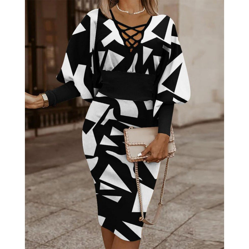 Women's Midi Dress with Geometric Print and Puff Sleeves Ivyshape