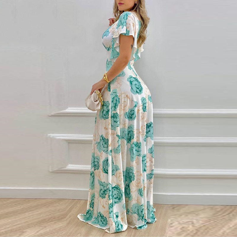 IvyShape | Elegant V-neck Flounced Sleeves Printed Flared Dress