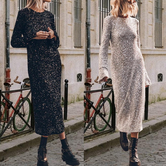 IvyShape | Simple Sequin Street Style Long Sleeve Fashion Dress