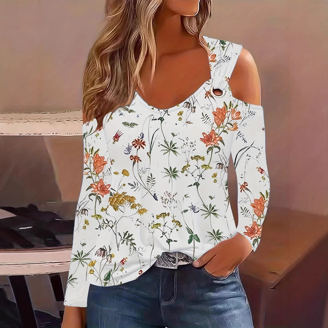 IvyShape | Metal Buckle Floral Print V-Neck Off-Shoulder Top