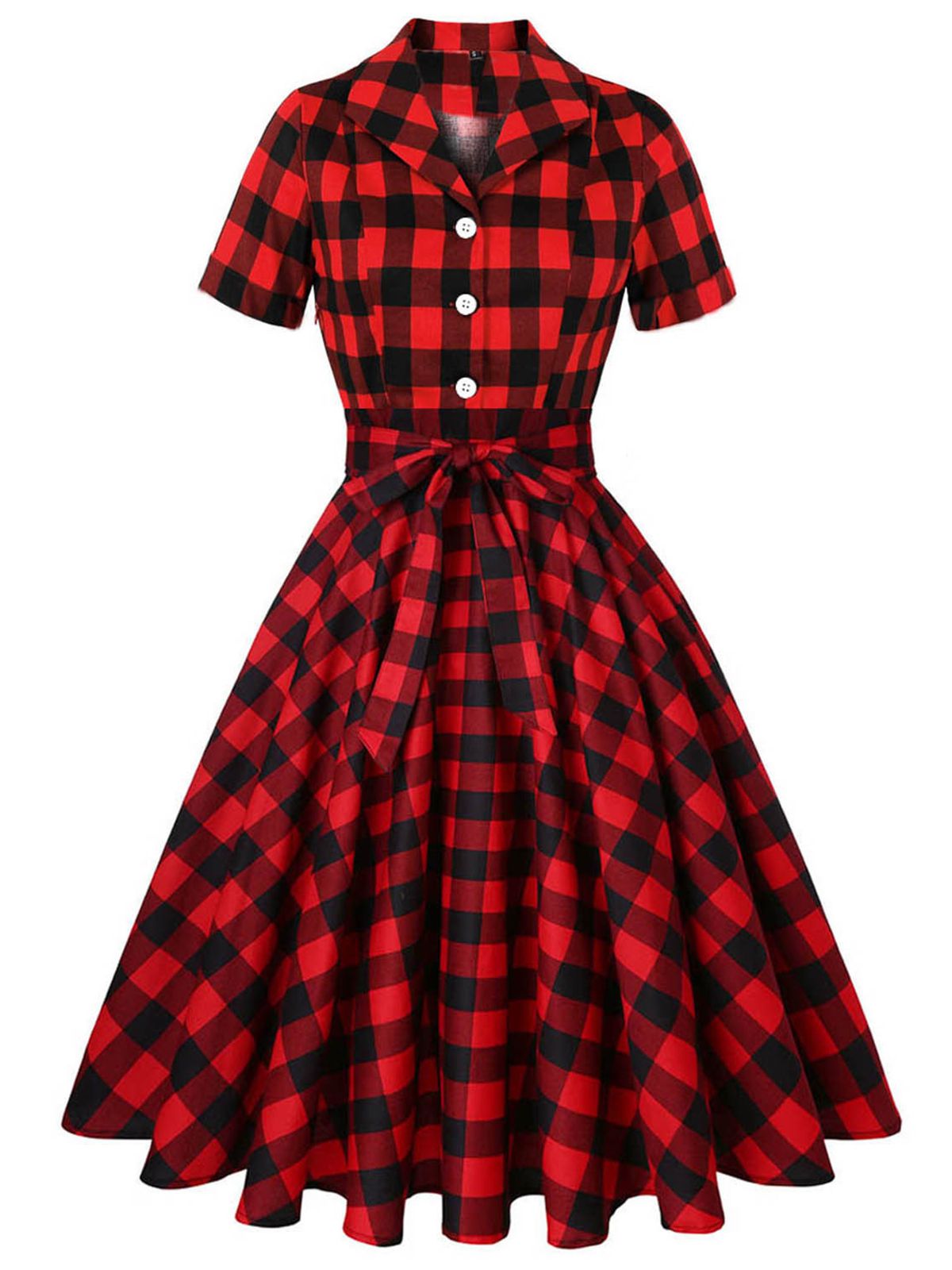 Red Plaid Bowknot Swing Dress