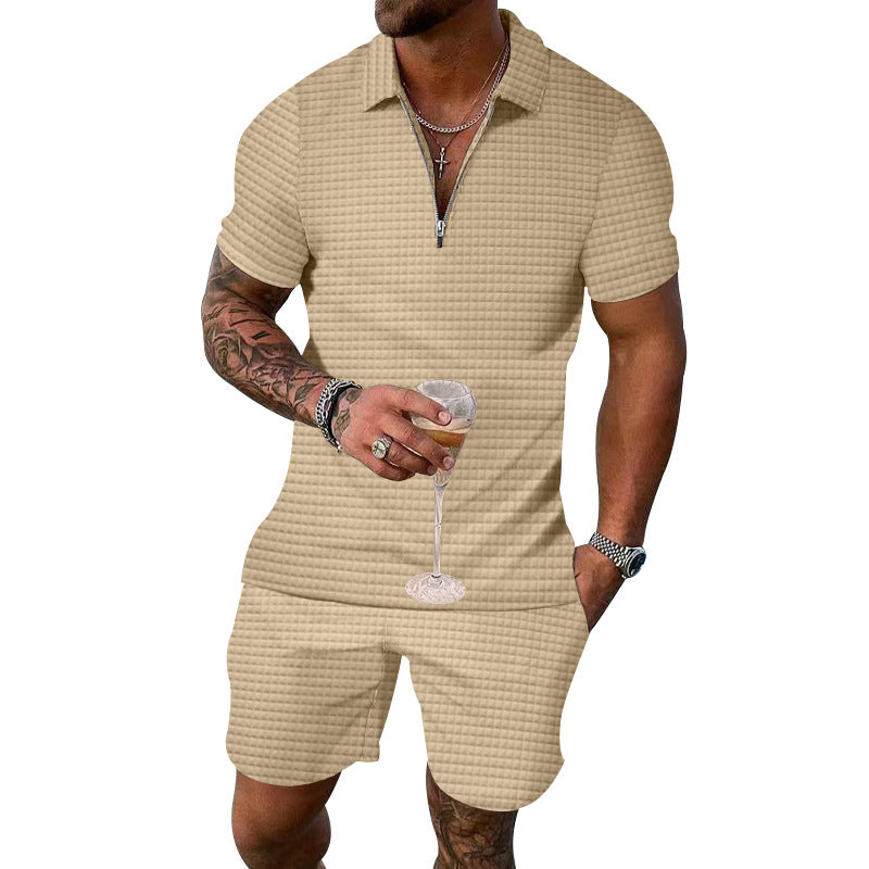 Men's fashionable short sleeve set with narrow collar and practical zipper Ivyshape