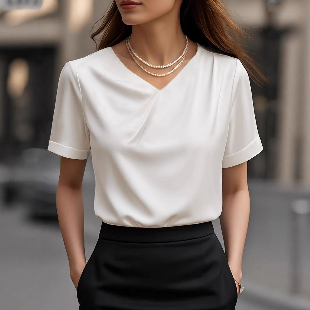 Women Elegant V-Neck Blouse Shirt with Short Sleeve Design Ivyshape