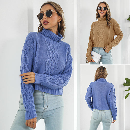 Women’s chunky knit sweater with high turtleneck and romantic cable pattern Ivyshape