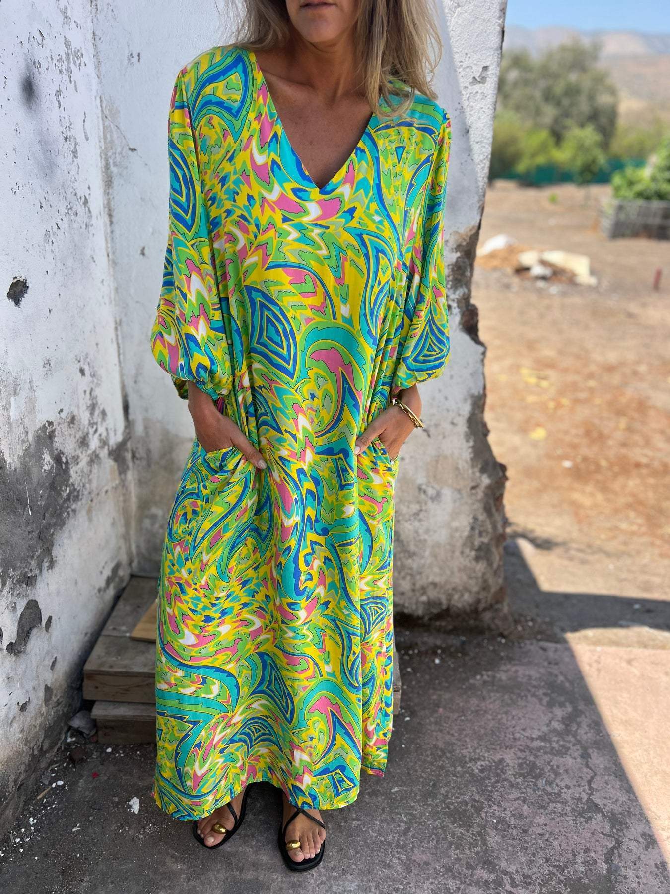 Women Long Sleeve Dress with V-Neck and Practical Pockets Ivyshape