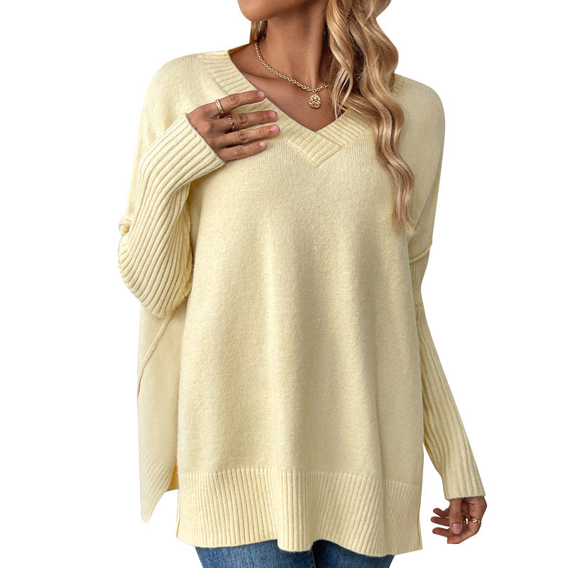 IvyShape | V-Neck Split Long Sleeve Knit Sweater