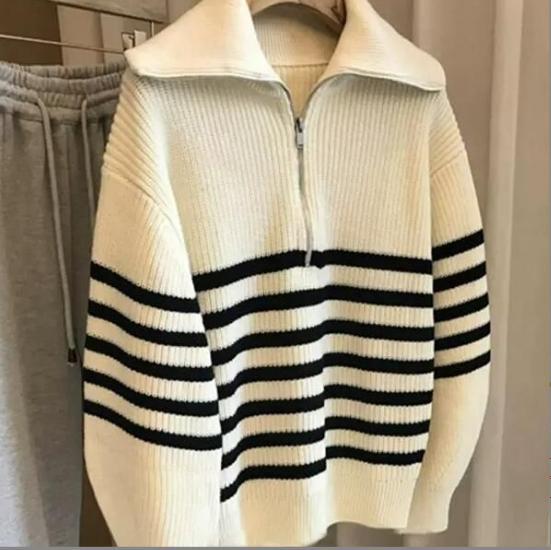 IvyShape | Color-Blocked Striped Half-Open Zipper Sweater