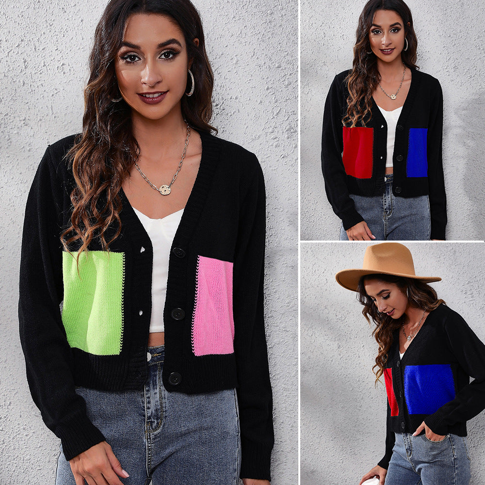 Ladies Fashion Cardigan with Colorful Pockets and Deep V-Neck Ivyshape