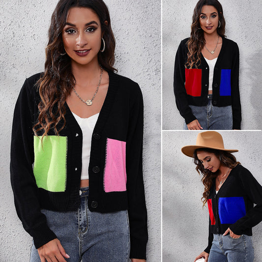 Ladies Fashion Cardigan with Colorful Pockets and Deep V-Neck Ivyshape