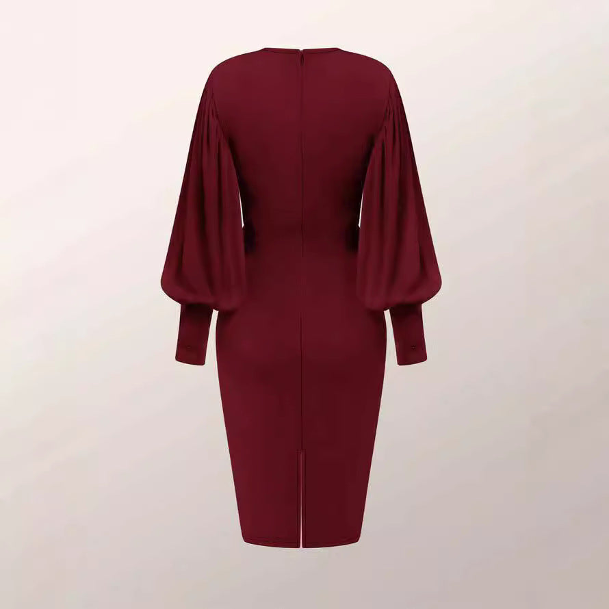 Women's pencil dress with voluminous puff sleeves and a waist belt Ivyshape