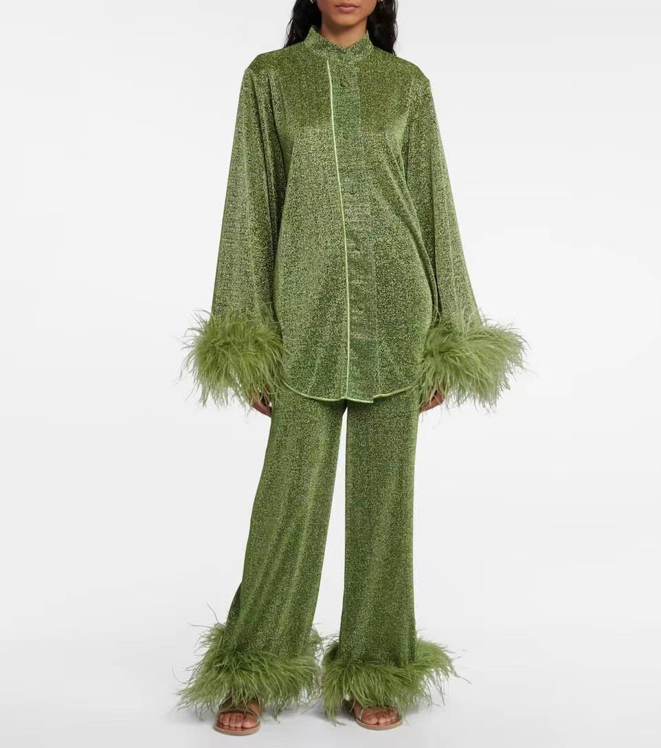 Ivyshape | Autumn Winter Feather Stand Collar Long Sleeve Top And Pants Set