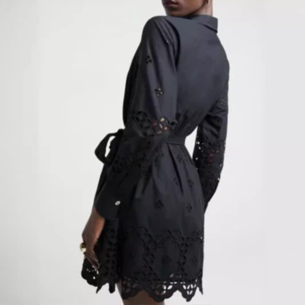 IvyShape | Hollow Embroidered Shirt Collar Tie Dress