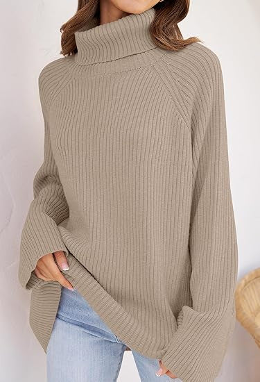Women Cashmere Fine Knit Sweater with High Collar and Loose Fit Ivyshape