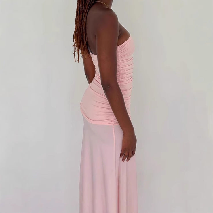 Women Elegant Strapless Maxi Dress with High Slit and Ruching Ivyshape