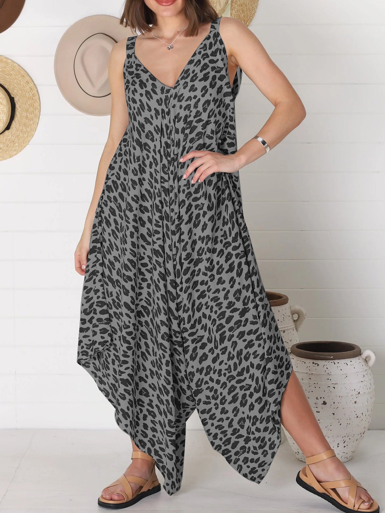 IvyShape | Leopard Print Wide Leg Jumpsuit