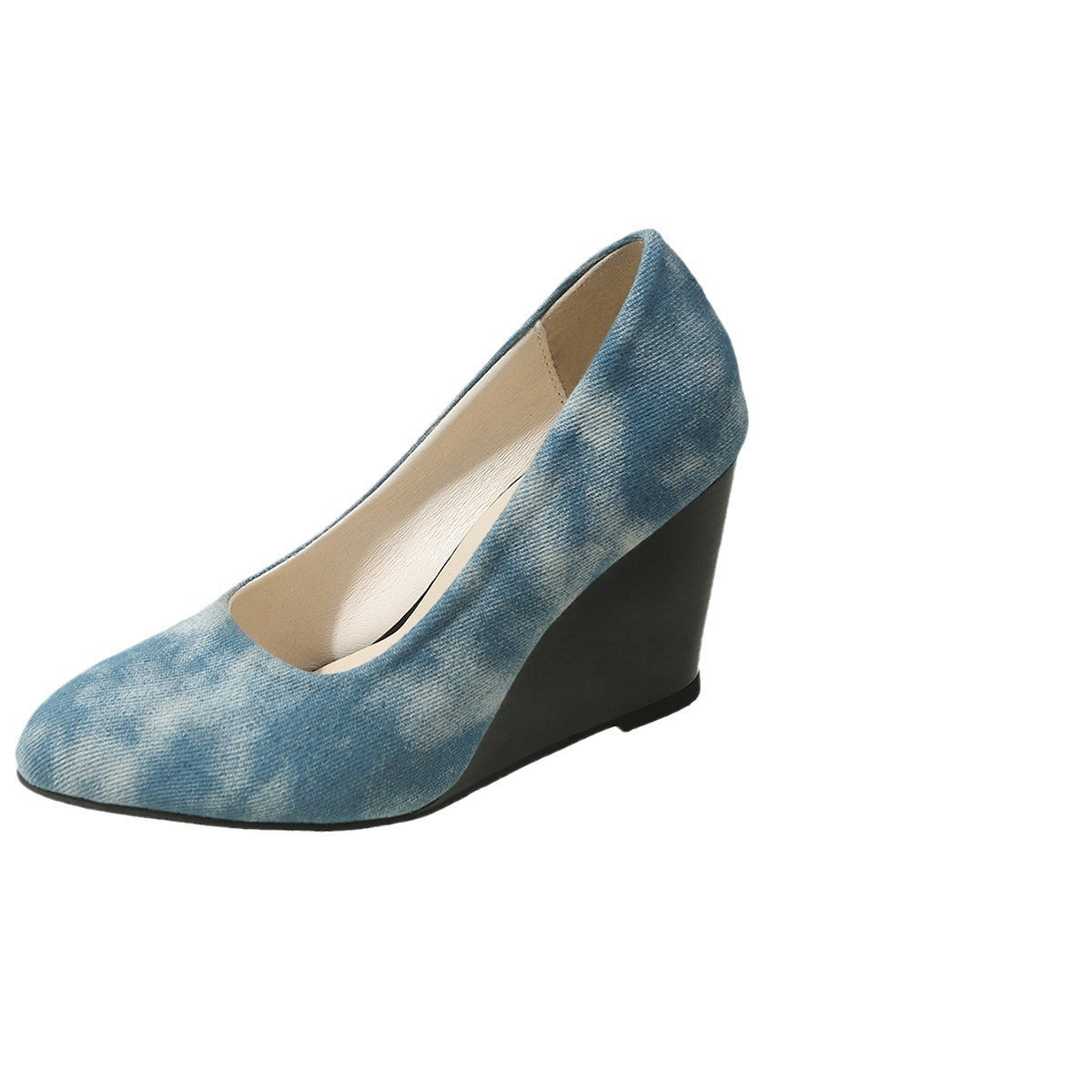 Ladies' wedge pumps with trendy denim design and elastic footbed Ivyshape