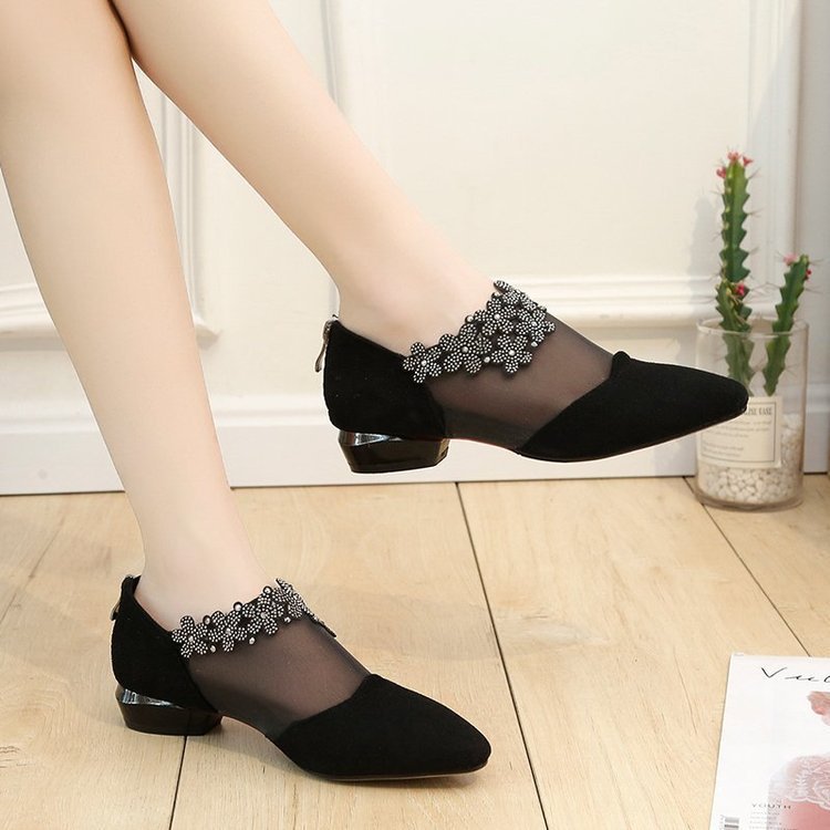 Ladies elegant and stylish sling pumps with transparent mesh and detailed application Ivyshape