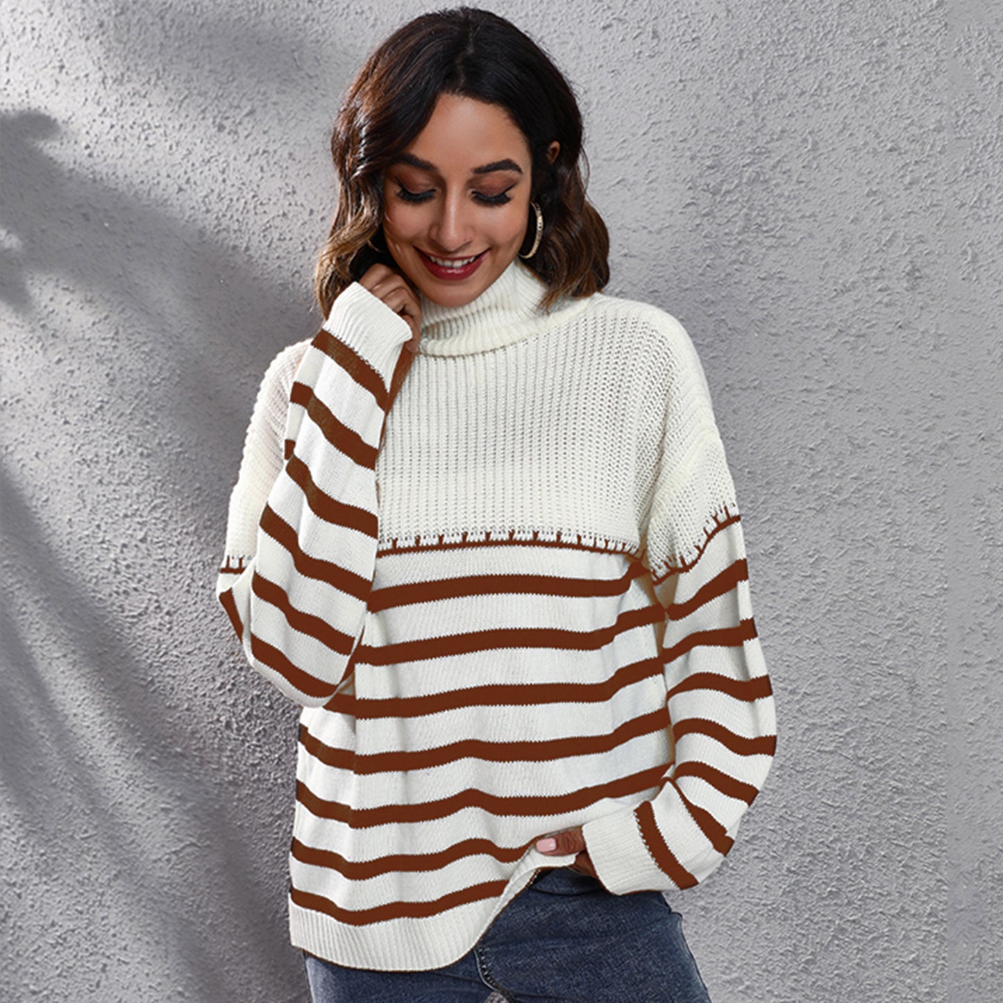 Ladies Comfortable Turtleneck Sweater with Modern Stripe Pattern Ivyshape