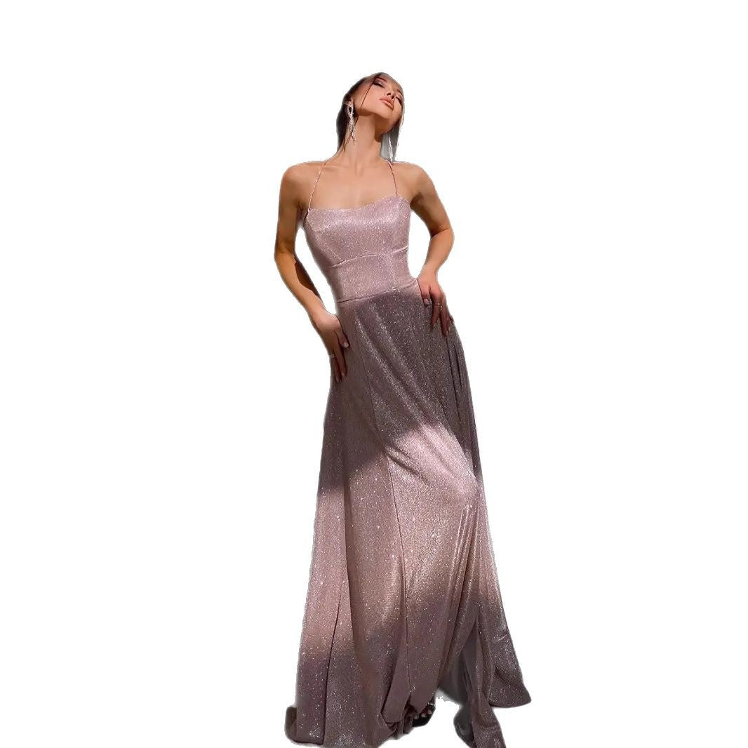 Ladies Glamorous Maxi Dress with Transparent Back Cutout and Delicate Glitter Details Ivyshape