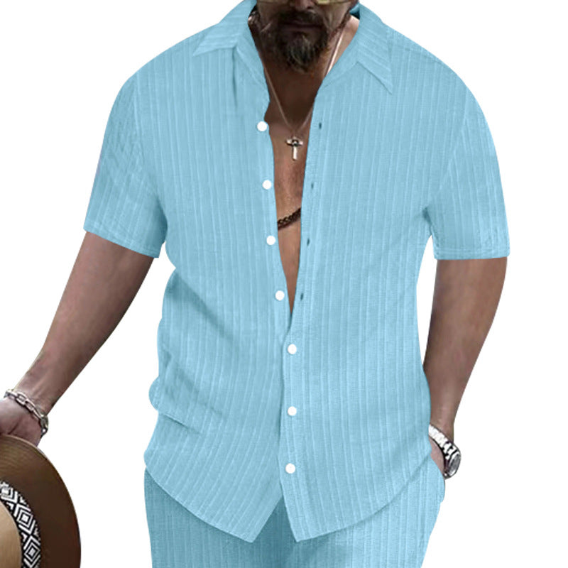 Men's short-sleeve shirt with fine stripes and modern collar Ivyshape