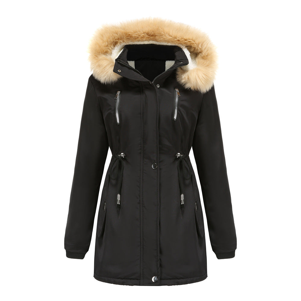 Women's fashionable outdoor jacket with removable faux fur collar and elastic waist drawstring Ivyshape