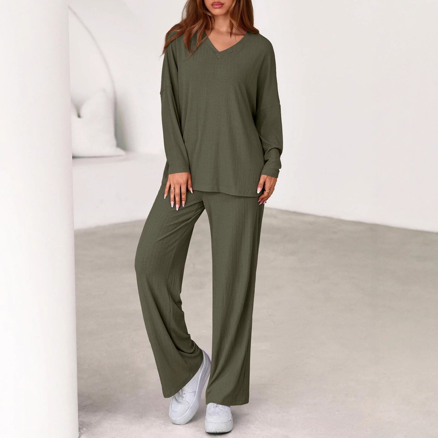 Women's two-piece suits casual fashion loose long-sleeved tops wide-leg pants Ivyshape