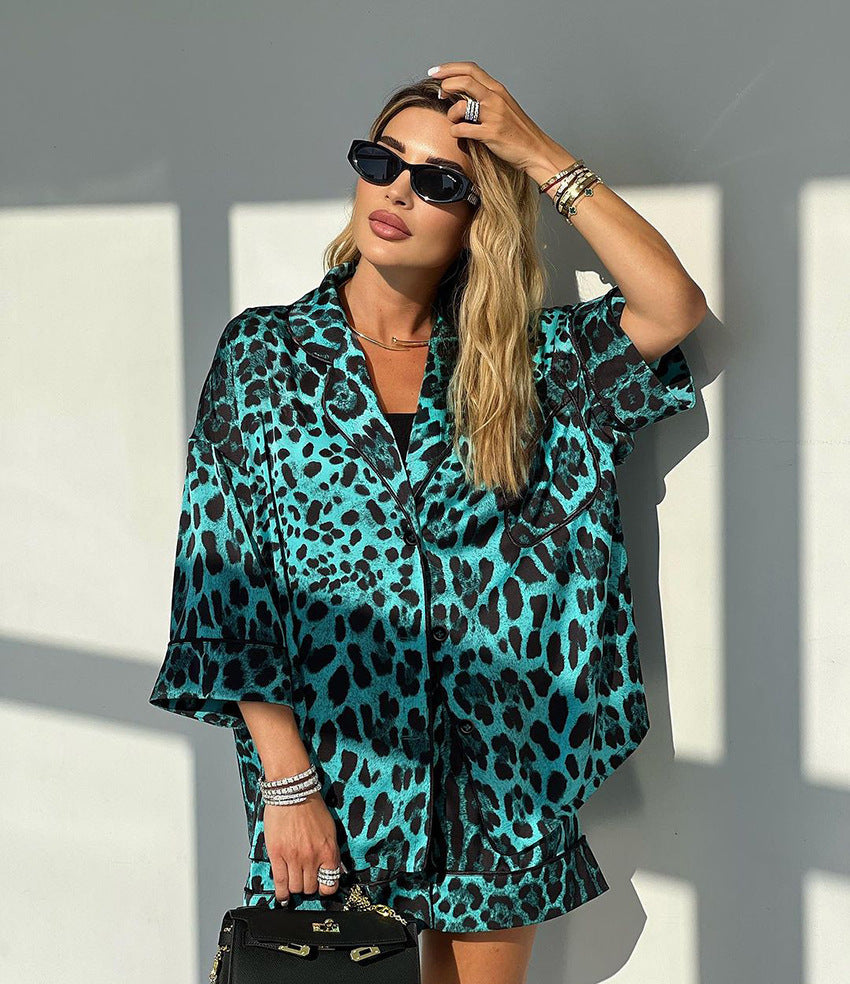 Women Satin Short Sleeve Blouse with Leopard Print and Casual Cut Ivyshape