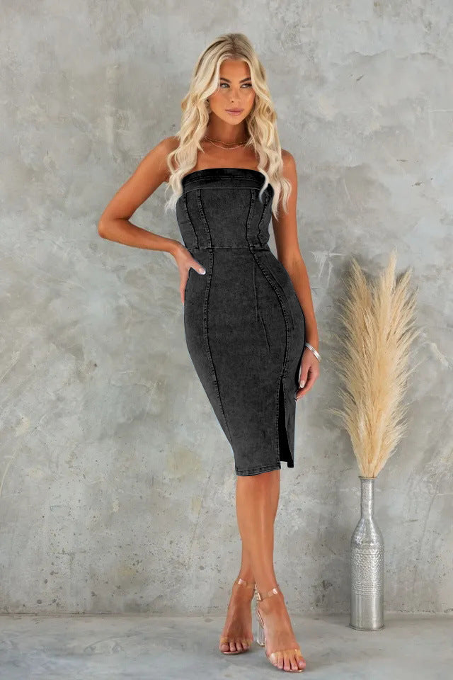 Sexy Tight Chest Wrap High Slit Denim Dress