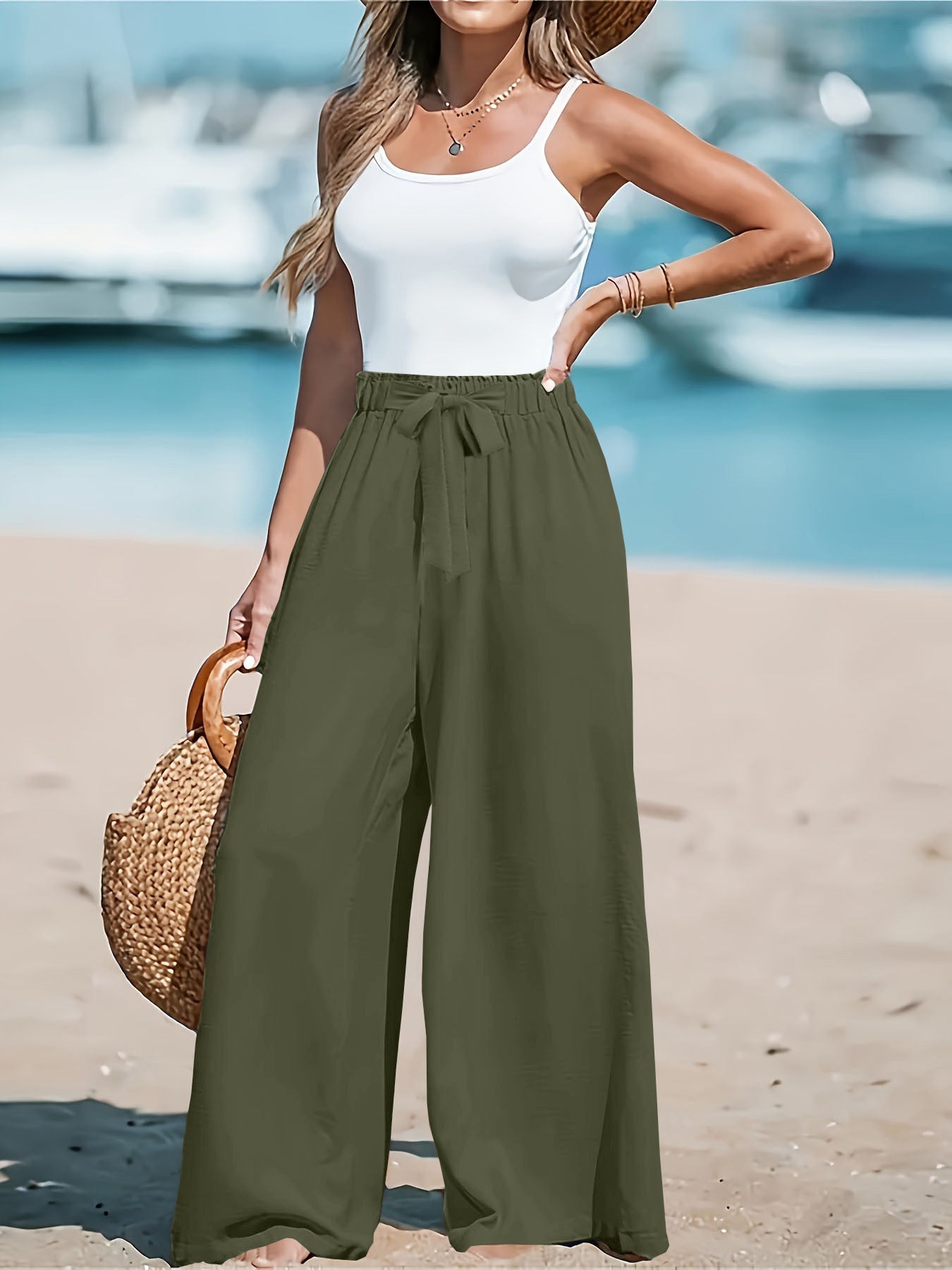 Women Wide Trousers with Adjustable Tie Belt Ivyshape