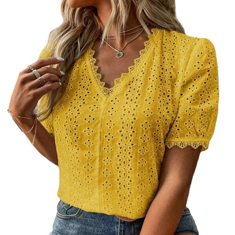 Women short-sleeved lace blouse with V-neck Ivyshape