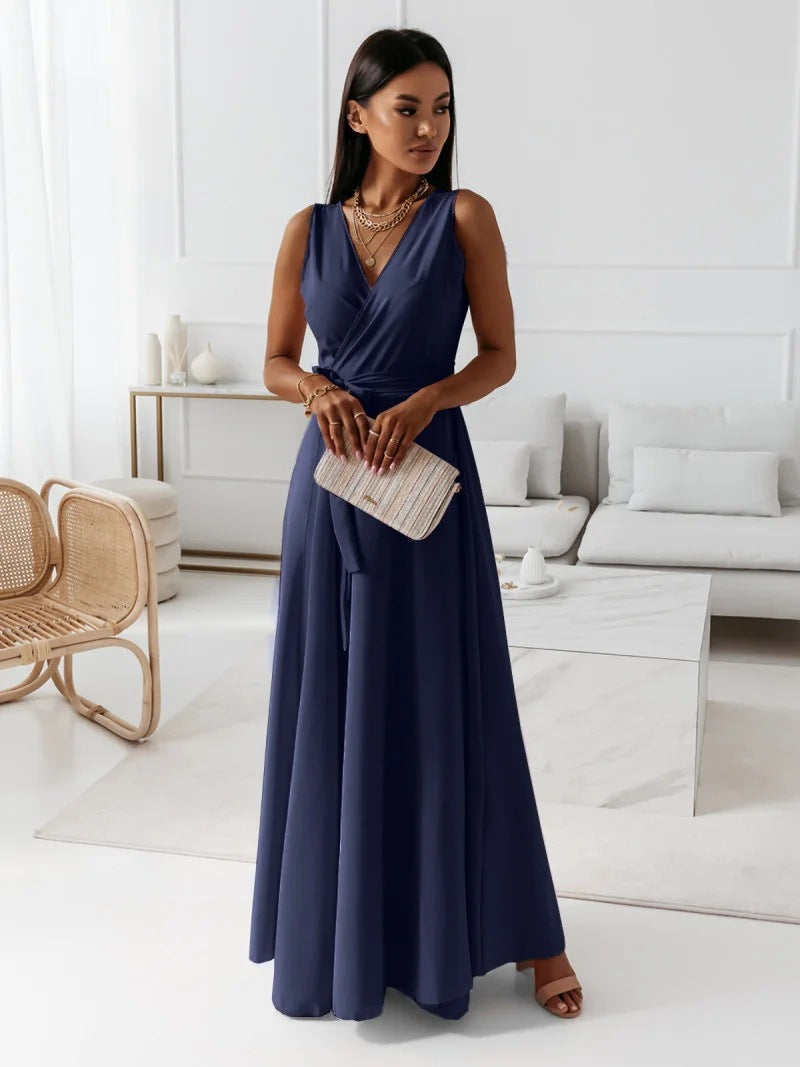 IvyShape | Comfortable Solid Color V Neck Evening Long Dress