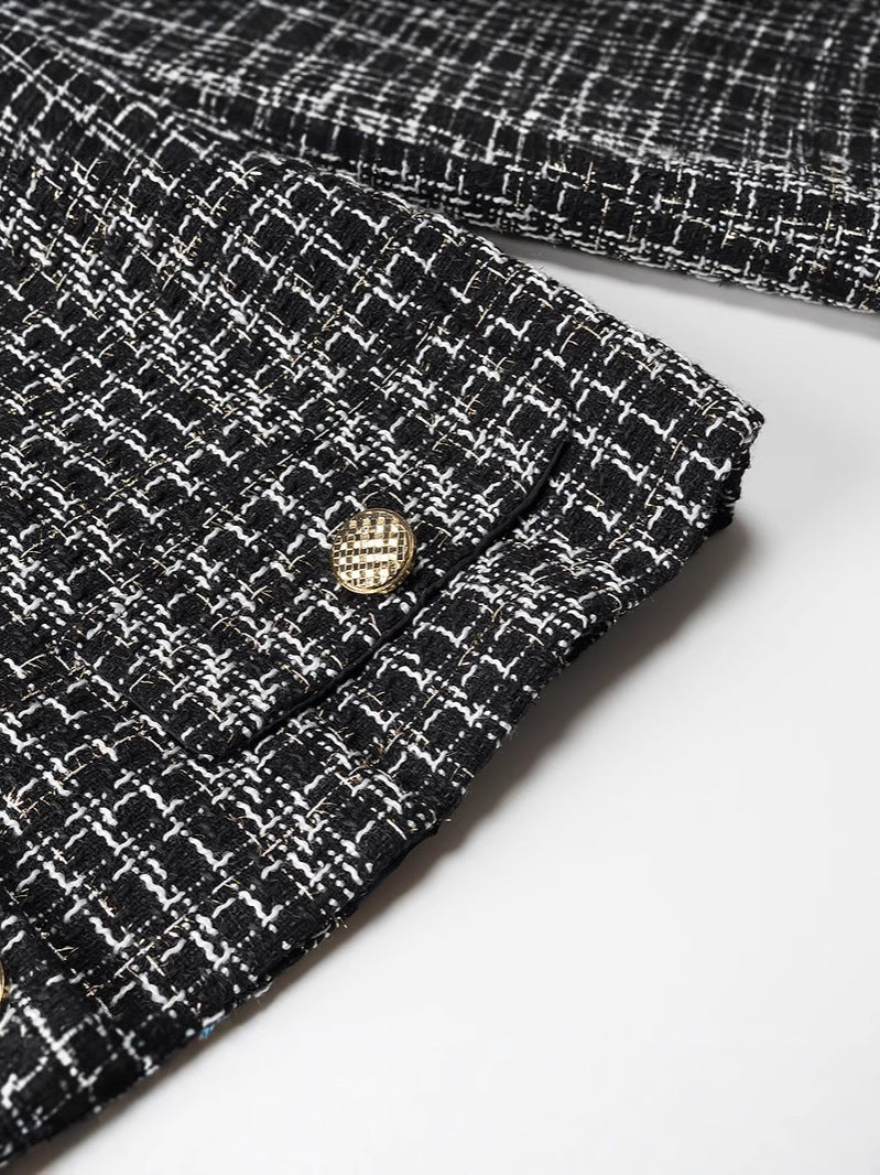 Women elegant tweed jacket with gold buttons Ivyshape