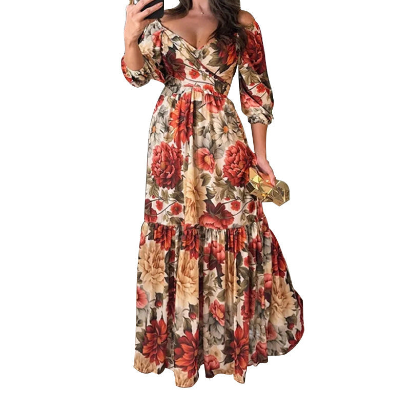 IvyShape | Fashion Printed V-Neck Tie Waist Maxi Dress