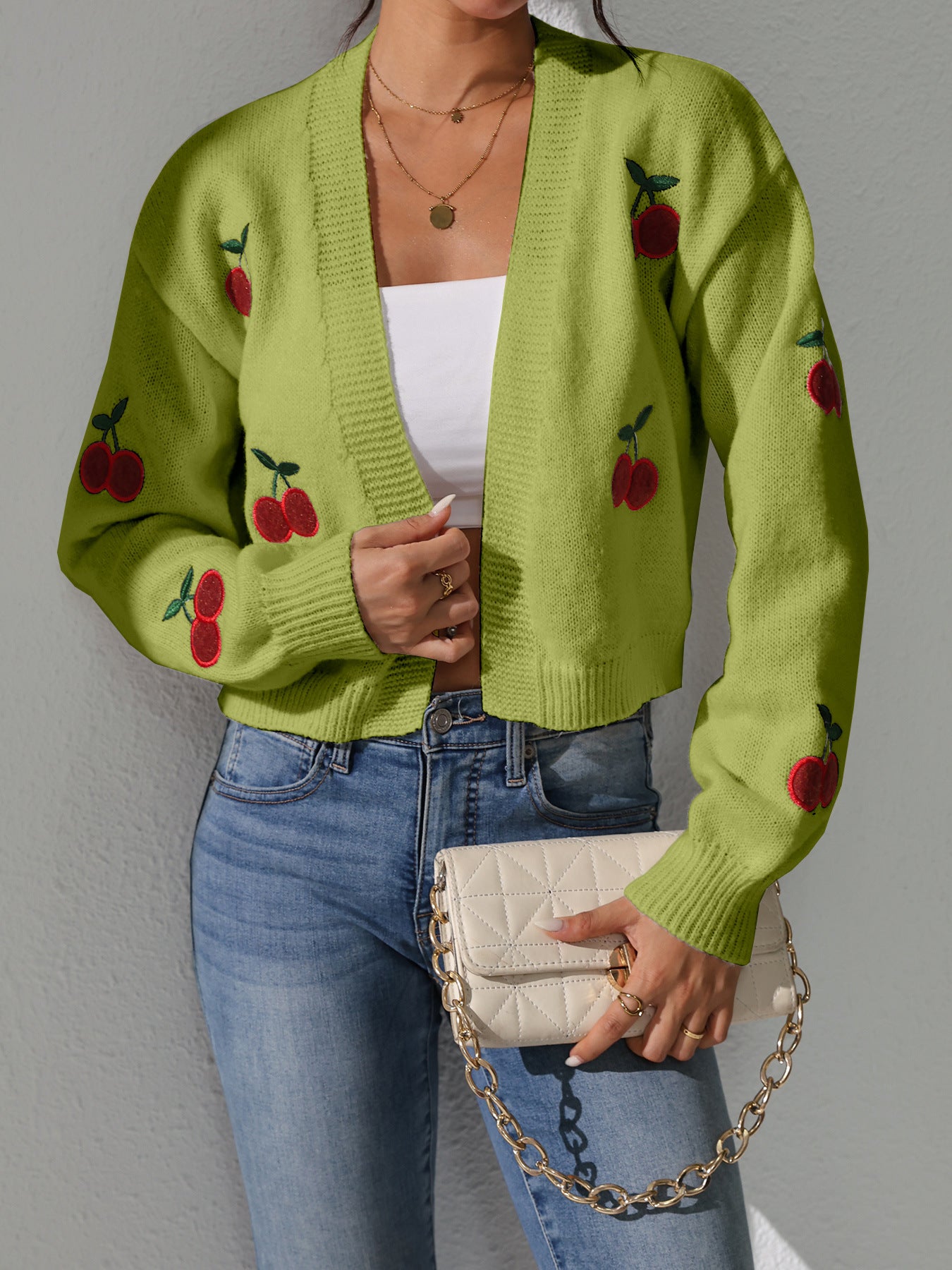 Ladies airy knitted cardigan with sweet cherry embroidery Ivyshape
