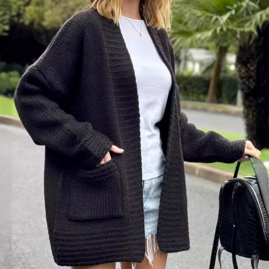 Women’s chunky knit cardigan with generous pockets and casual fit Ivyshape