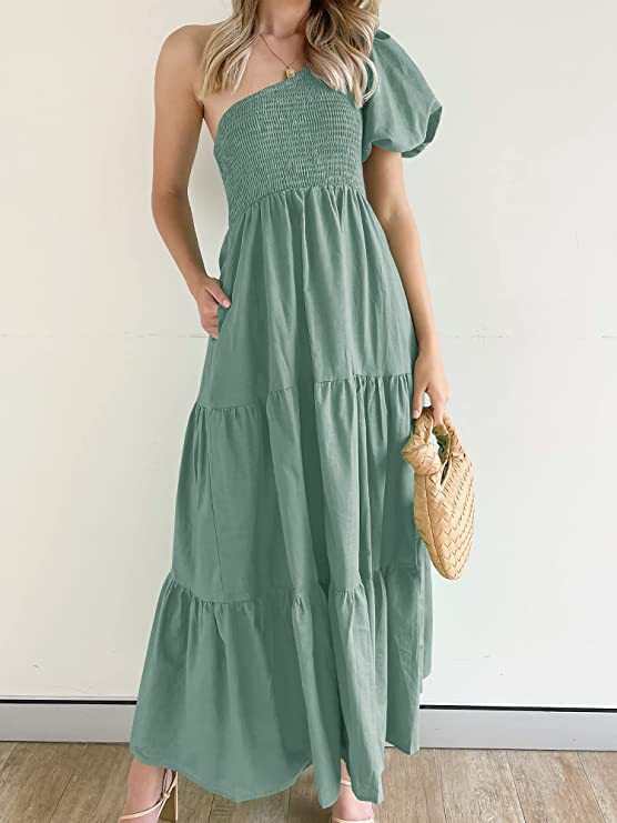 IvyShape | Romantic One-Shoulder Puff Sleeve Beach Dress