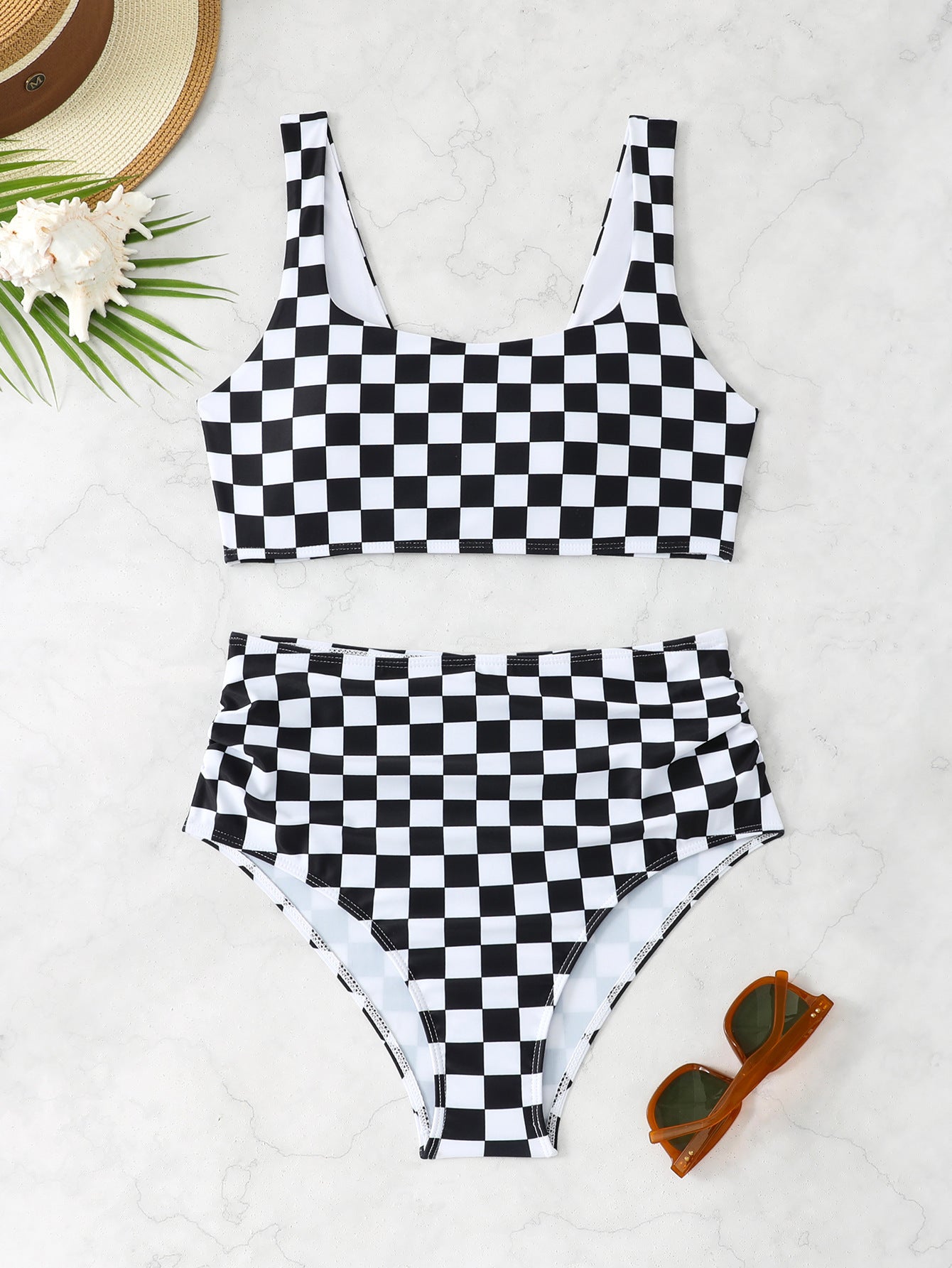 Women's High-Waisted Bikini Set with Check Pattern Ivyshape